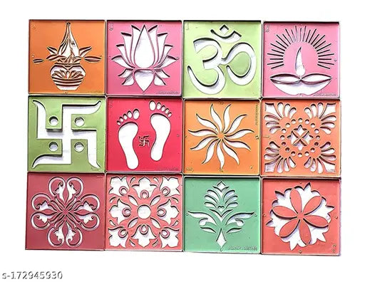 Set of  12 Draw Rangoli Making Kit Rangoli Stamp Om Swastik Flower Design Colourful Rangoli Making Stencils (4 x 4 Inches)