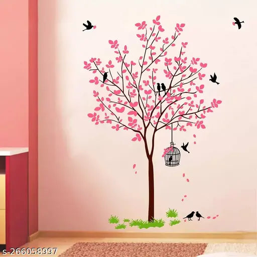 Pink Tree With Birds Cage And Nest '(PVC Vinyl,Multicolour) 1 cm Large Self Adhesive Sticker (Pack of 1)