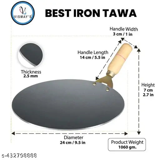 VISMAY'S Tawa Iron Tawa, Original Handmade Loha Iron Lokhand Roti/Chapati Tawa with Wooden Handle (9.5 inch)