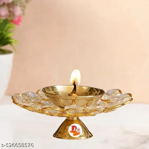 ELITETOUCH   Brass glass Plate Diya Round Shape Deep Akhand Jyoti Oil Lamp for Puja and Home Decor