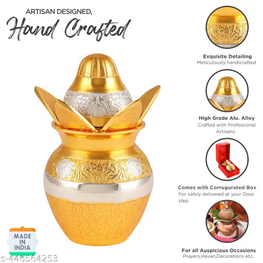 I M Handicraft Online Premium German Silver & Gold Plated Kalash Lota with Coconut,Leaves and Royal Red Velvet Box for Pooja,Temple Use, Home Decor, Wedding Gift (Medium) - 7 inch