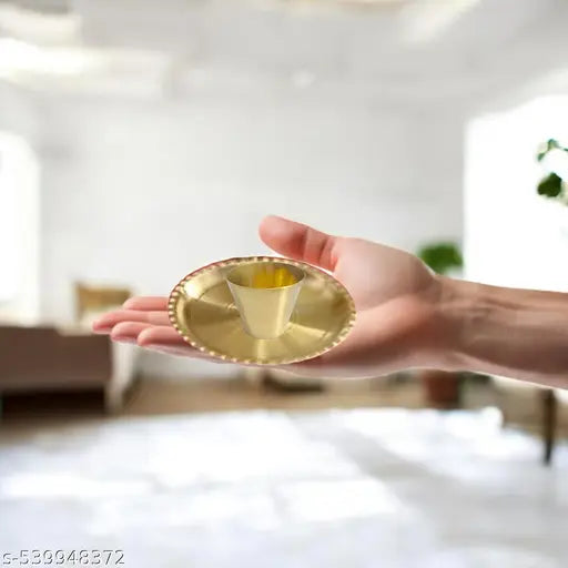 Pure Brass Small Thali With Glass for Puja Room, Shop, Temple - 8 Pcs Set