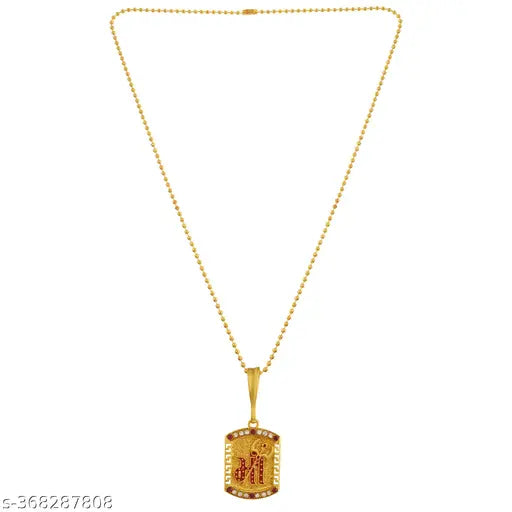 Gold Plated CZ Square Shape Hindi Word Maa with Trishul Pendant Locket