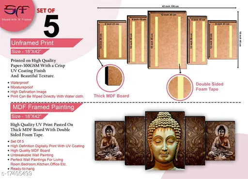 SAF Set of 5 Buddha UV Textured Home Decorative Gift Item MDF Panel Painting 18 Inch X 42 Inch SANFPNL31195