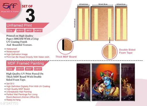 SAF Set of 3 Radhe Krishna UV Textured self adeshive Home Decorative Gift Item Painting 18 Inch X 12 Inch