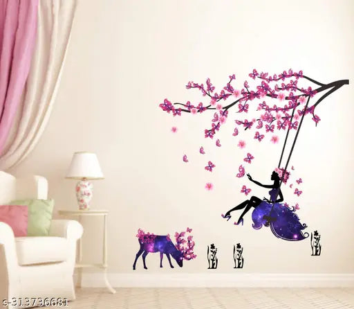 Wall Stickers Angel on Swing with Little Deer and Butterfly Wall Stickers Self Adhesive Sticker (Pack of 1)