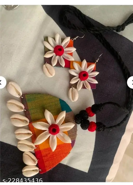 Handcrafted Fabric Based Necklace Set With Natural Sea Shell Work