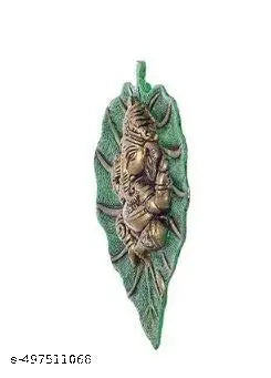 Beautiful Lord Ganesha on Green Leaf Metal Wall Hanging Sculpture Decorative Religious Showpiece for Home Wall Decor, Pooja Room, Temple & House Warming Gift