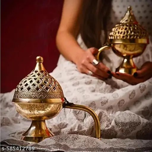 Set of 2 piece|Dhoop loban| Handcrafted Brass Aroma Diffuser|Ornate Brass Incense Burner with Handle|Pooja Loban Incense Burner with Handle, Prayer Lamp, Dhoop Dhuni Burner Sambrani Dhoop,  Home Office Temple Prayer|