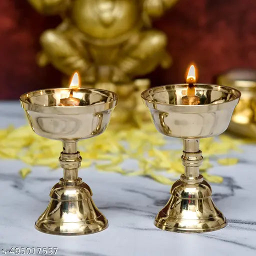 EAC Pure Brass Akhand Jyothi Pyali diya with Stand for Home Office Temple Decor(Pack of 2)Brass Table Diya