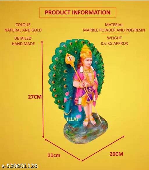 Thillai -Peacock Murugan Idol, Handicrafted Murugan Statue, Decorative Statue Figurine for Home Decor Gifts, Pooja Room & Gifting - 20 X 11 X 27 CM, Hindu God Gift. (Multicolor)