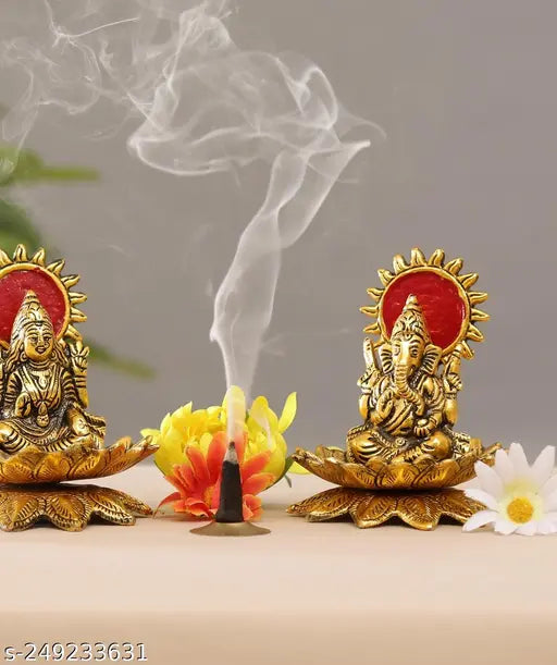 PAYSTORE Lotus Sitting Lord Lakshmi/Ganesha Laxmi/Ganesh Golden Metal Statue Antique Finish Murti Idol for Temple Puja Pooja Room Home Decor
