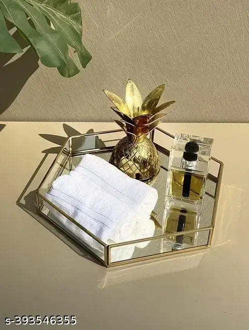 UDI Hexagon Glass Tray with MetalRim Mirror Base Vanity Tray for Home Decor Jewellery Organiser, , Gold(10x10x1.5 inches)