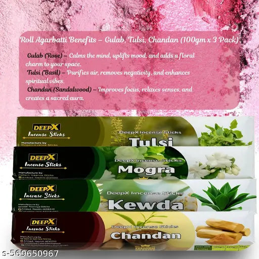 Tulsi Agarbatti 100gm Roll, Chandan Agarbatti 100gm Roll, Kewda Agarbatti 100gm Roll, Mogra Agarbatti 100gm Roll | Premium Agarbatti Sticks | Agarbatti for Gifting | Natural Fragrance Agarbatti | Low Smoke Incense Sticks | Handmade Agarbatti Online | Agar