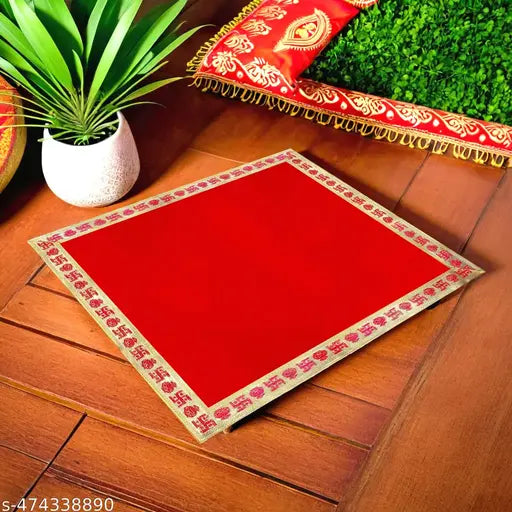 Rushville Velvet Aasan Mat | Pooja Aasan Mat | Golden Lace Satya  Prayer Mat | Traditional Chowki Prayer Mat |Size : 16 x 16 Inch| Red