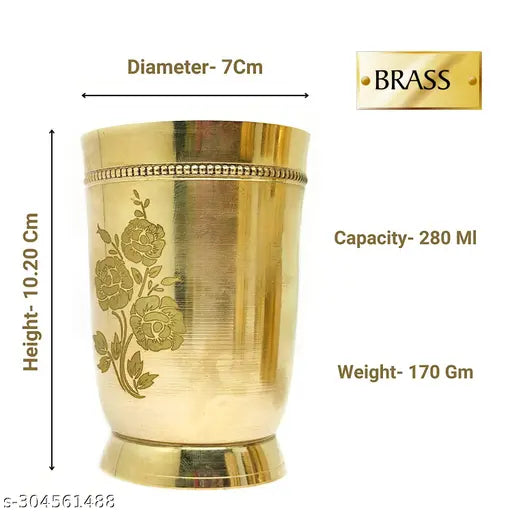 Saubhagya Pure Brass Glass Tumbler with Floral Design Daily Use Designer Water Glass for Drinking Serving Water Drinkware & Serveware, 280ml Each- Set of 2pieces.