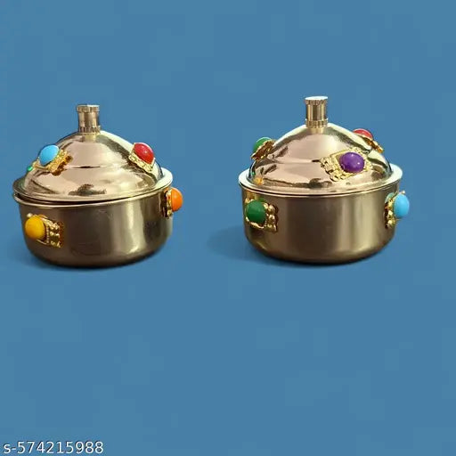 Decorative multipurpose pure Brass pital Kumkum chandan haldi Sindoor Boxes, Traditional Roli Chawal Puja item Container, dibbi,dabbi with cap,Set of 2, Gold