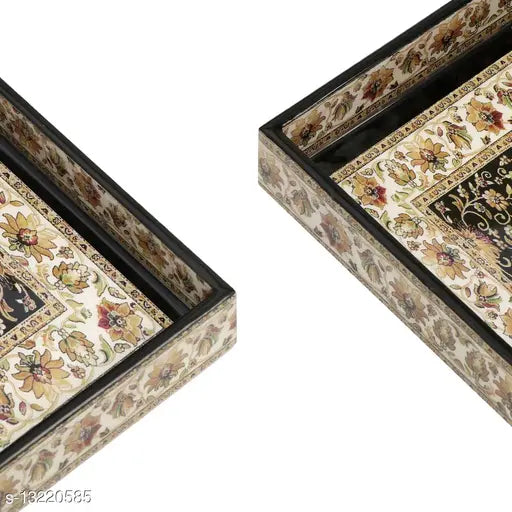 Enamel Coated Multipurpose Set of 2 Square Trays  (Black Jamawaar design)