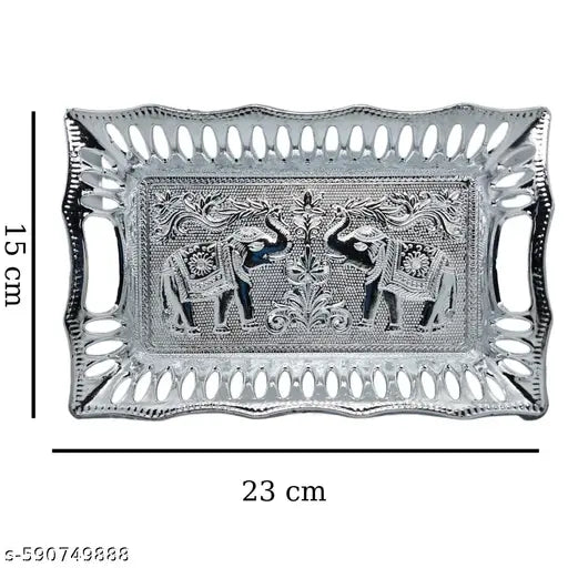 Traditional Design Medium Size Serving seer Plates Tray Silver Finish Plastic Multipurpose Decorative Designer Platters for Mukhwas Dry Fruit Return Gift Diwali Marriage Pooja (Pack of 1)