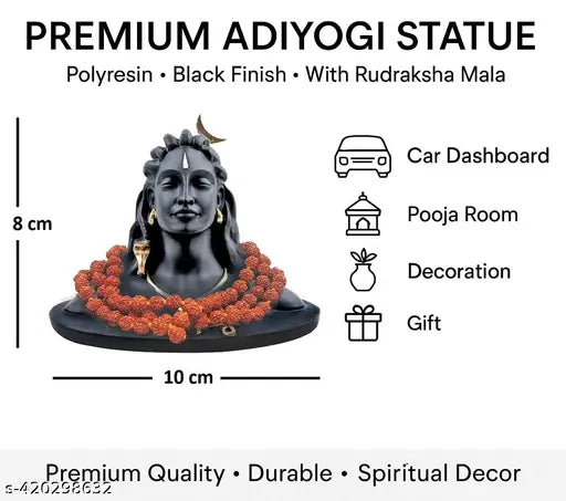 ADDEND Premium Adiyogi Shiva Statue Idol Murti | Black Polyresin Adiyogi with Rudraksha Mala | Small Shiva Idol for Car Dashboard, Home Decor, Office Desk, Pooja Room, Meditation Showpiece & Spiritual Gift | Diwali Decoration Gift | 10 cm