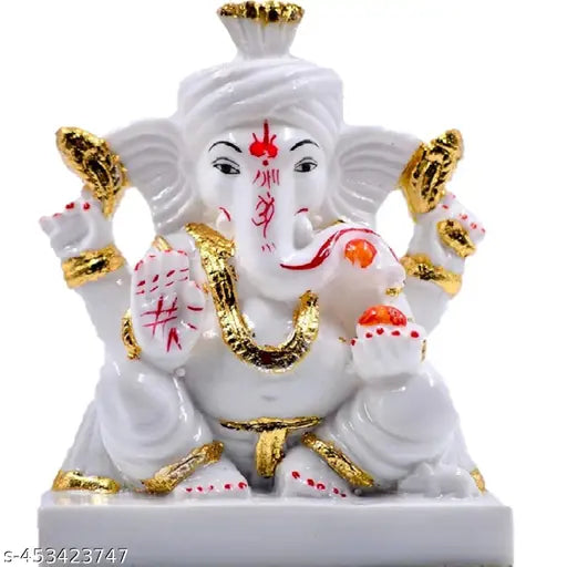 VIDHAYA ARTS White Marble Ganesh Ji Idol, Ganpati/Ganesha Murti, Religious Gift for Office, Home Decor, Temple, Spiritual Gift Decorative Showpiece - 14 cm
