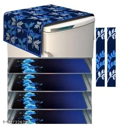 GEETA TEXO FAB Exclusive Combo of 1 Cotton Fridge Top Cover, 2 Cotton Fridge Handle Cover, 4 Fridge Mats (7 Pcs Set)