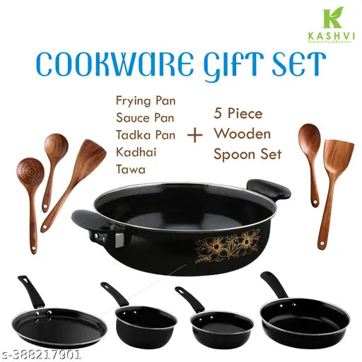 Kishi  Non-stick Cast Iron Cookware Set of 5 | Perfect for Kitchen & Home| (Fry Pan 24 Cm/1.5 L, Kadhai 26 Cm/3.5 Litres with lid, Tawa 25 Cm, Sauce Pan 17cm/1.0 Litres, Tadka Pan 17cm/0.6 Litres) + Wooden Spatulla | Induction Base
