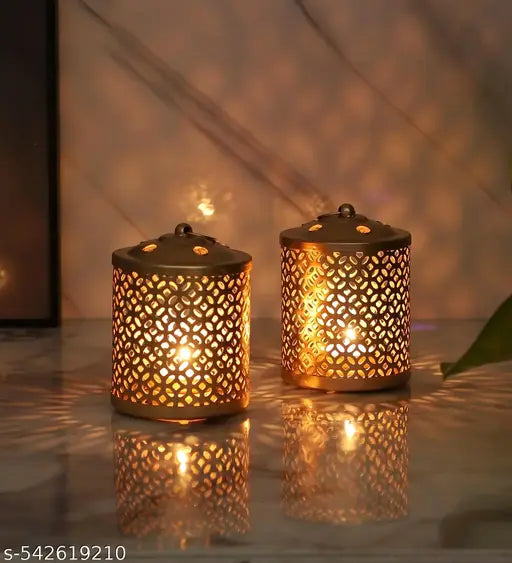 Set of 2 Gold Metal Tea Light Lanterns | Vintage Perforated Candle Holders for Home Décor & Festive Lighting