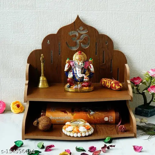 H'Decor Om Design with Shelf Laminated Wood Pooja Temple/Mandir