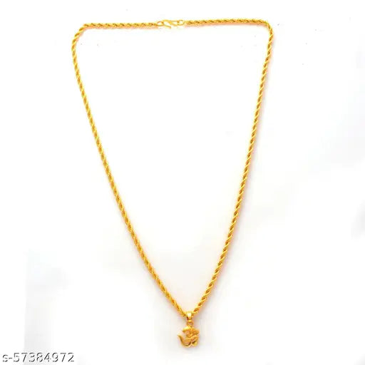 Jewar Mandi Fine Gold Plated Om Locket Brass Pendant Designer Jewellry with Chain for Men