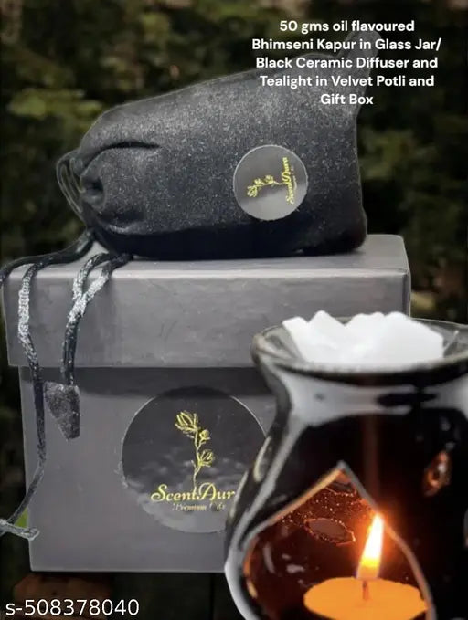 Gift Set Cedarwood Oil Infused Bhimseni Kapur with Tealight Diffuser