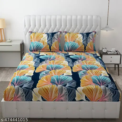 Super Soft Glace Cotton All Round Elastic Fitted Double Bed Bedsheet with 2 Pillow Covers-72x78x8 Inches