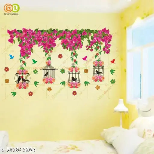 Graphics Decor | Tree Below Hanging Cages with Flower & Birds Pink Wall Sticker (86 x 54 cm)