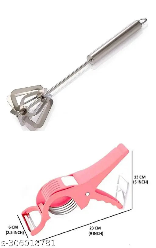 veg-cutter &  Stainless Steel Hand Mixi/Handy churner/Hand Valona   2 in 1 Vegetable & Fruit Multi Cutter & Cutter Sharp Stainless Steel 5 Blade Vegetable Cutter with Peeler  Egg Beater Milk Frother, Kitchen Utensil for Blending Hand Beater Curd Maker/pow
