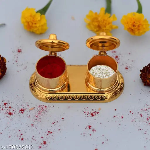 SKSM METAL DECORATIVE  HALDI KUMKUM BOX FOR TILAK HANDCARVED OXIDISED FINISH Double Dabbi Shape Roli Rice HOLDER  | Chandan Chawal Akshat CONTAINER FOR HOME TEMPLE | Haldi Kumkum BOX FOR RAKSHABANDHAN POOJA ARTICLE POOJA ACCESSORIES | HOME DECOR | FESTIVE