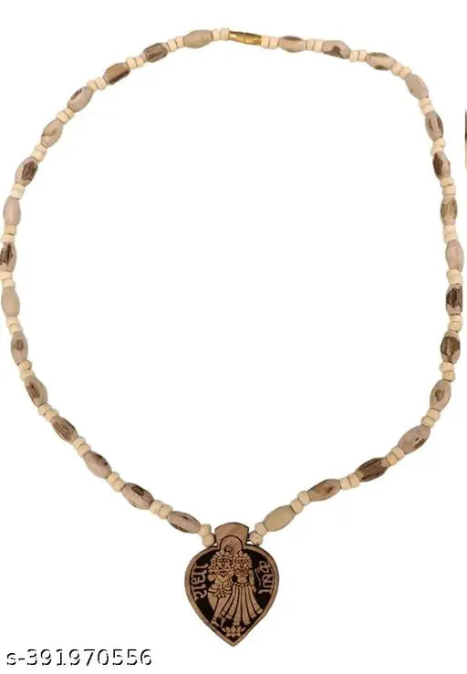 Wooden Radha krishna locket with Wood Kanthi Mala tulsi beads (Wood mala)