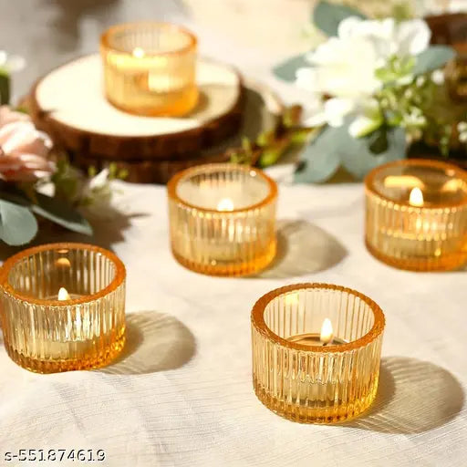 Vijyas "Lining Glass Tealight Candle Votive Holders – Set of 6 Yellow Glass Cups for Rustic Home Decor, Festive Lighting, Wedding & Event Use