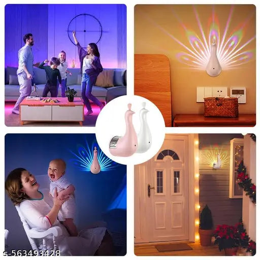 Peacock Lamp Creative Peacock Colorful Projection Wall Lamp, USB Charge Touch Button LED Night Light with Remote Control,White,Plastic
