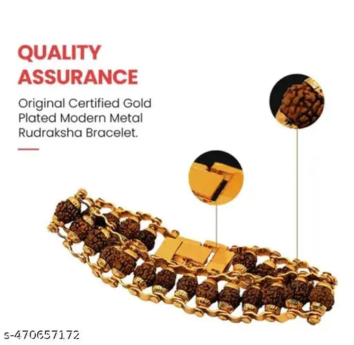 Woofh Gold Plated Metal Natural 5 Mukhi Rudraksha Designer Stylish Bracelet 6-7mm Original channel design for Men Women Buys Girls Unisex Spiritual Jewelry for Positive Energy and Healing