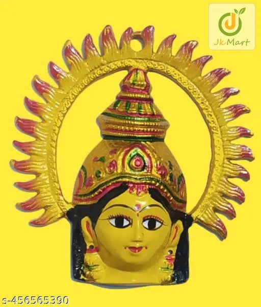 Varalakshmi Face Laxmi Face Figurines Amavari Matha Ring Face Durga Mata Yellow Ring Face Varalakshmi Devi Decorated Handmade Metal Face (Yellow)