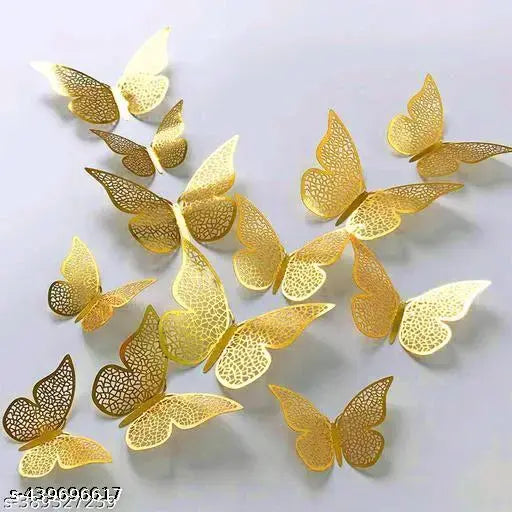 12 Pcs 3D Golden Butterfly Wall Stickers Set ✨ Luxury Metallic Home Decor for Bedroom, Living Room & Wall Decoration | Self Adhesive DIY Wall Art Decoration Pack