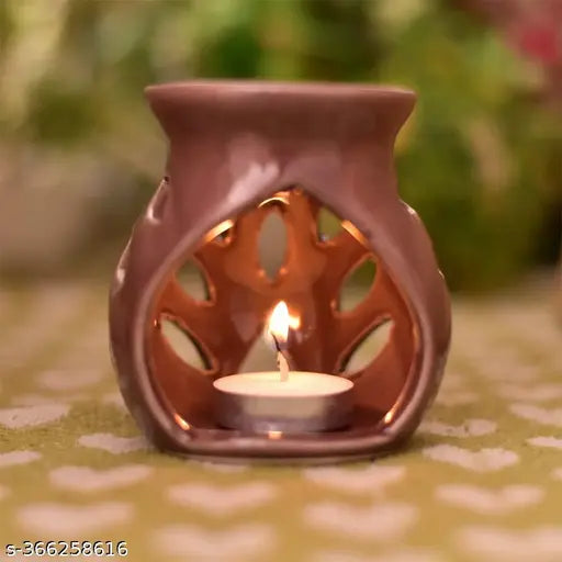 Peepal Print Air Freshener Home decor Brown Ceramic Clay Candle Operated Aroma Oil Burner ( With 2 Tlight Candle,1 Lavender Aroma Oil free 10ml ) It Can Be Use Warm Candle Light,Fragrance Or Gifting Purpose )