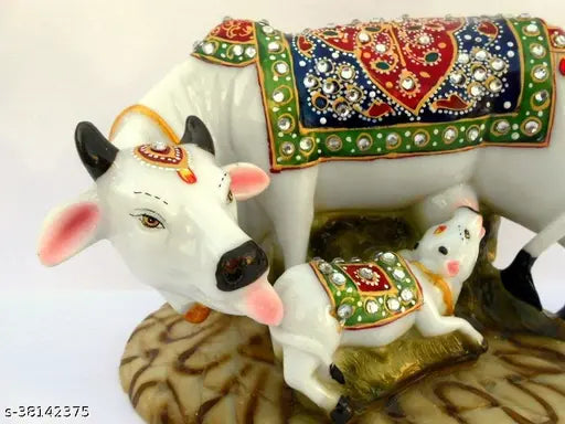 SAUDEEP Trading Good Luck Gift Items Art Handicraftgiftgallery Decorative Marble dust/Polyresin Cow and Calf Showpiece Idols and Figurines, 5x3x3Inch (Export Quality)