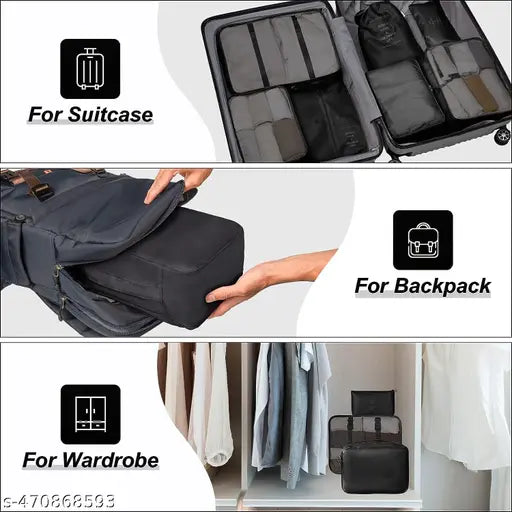 in 1 Foldable Nylon Packing Cubes for Clothes, Cosmetics, Underwear, Socks, Shoes Toiletry Bag Laundry Organizer Space Savers Lightweight & Waterproof Bags (Black)