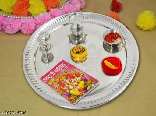 Jelly Stainless Steel Puja Thali Set with Attached Diya, Watti, Agarbatti Stand- Pooja Thali for Office/Home/Temple .(size 10 inch)