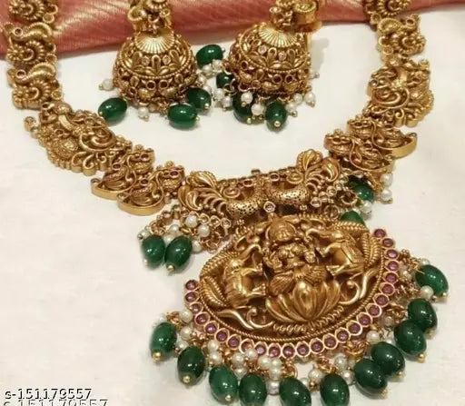 Traditional Temple Design Necklace (Haram) Set With Green And White Pearls (Drops) Paired With Earrings For Women And Girls Jewellery Set.