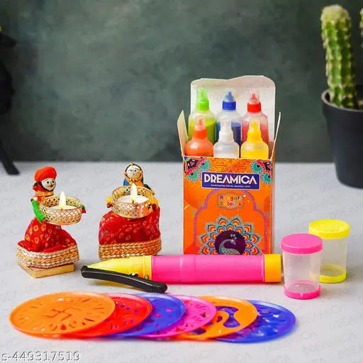 Dreamica Pack Of 10 Rangoli Powder with Stencils , Couple Tealight Candle Holder And Tool Kit