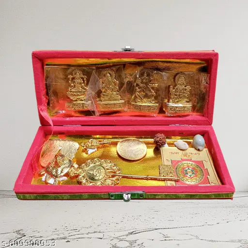 Hindu Spiritual Diwali Puja Kit with Gold Plated Lakshmi Ganesh Idols, Sacred Symbols in Red Decorative Box, Traditional Prayer Set