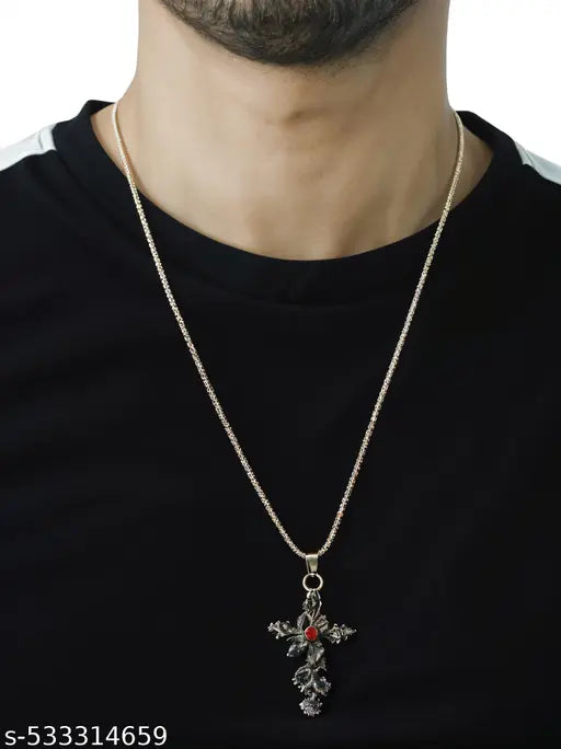 RAPPERSSHOP Snake Red Stone Head Pendant + Christian Holy Cross Necklace Combo for Men & Women | Silver, Rhodium, Brass, Copper Stainless Steel Lockets | Gothic & Spiritual Jewelry Set