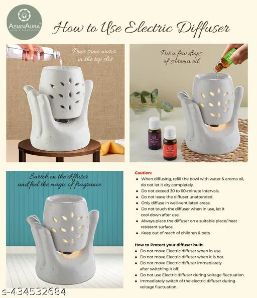 Hand Shape Aroma Diffuser for Home Fragrance| Aroma Burner for Aromatherapy| Home Decor| Aroma Oil Warmer electric Ceramic Diffuser for Room Fragrance (Set of 1, Fragnance-Rosy Romance, English Lavender 10ML Each)